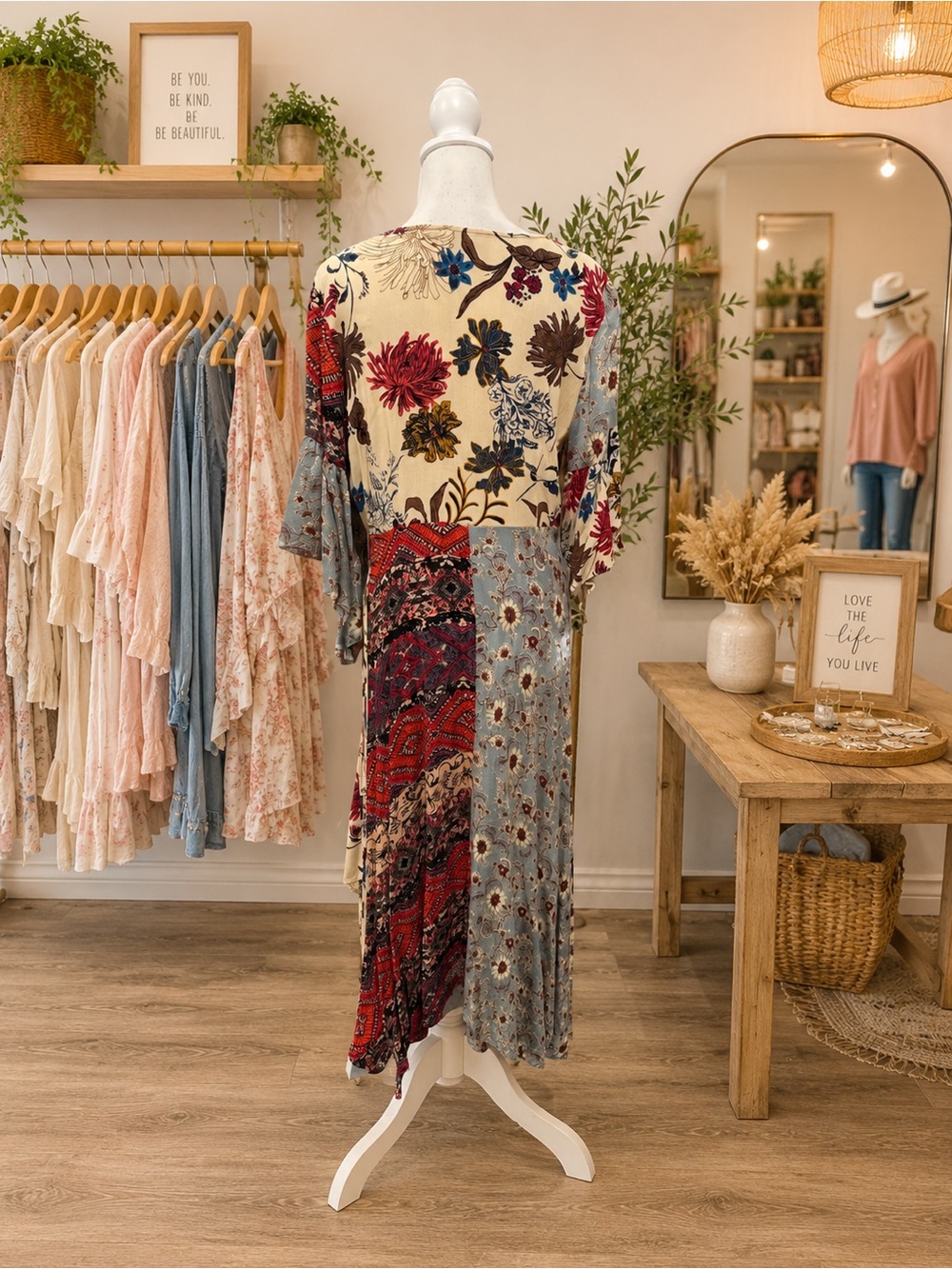 Umgee Patchwork Boho Maxi Dress Medium Floral Bell Sleeve Rayon - Picture 2 of 3